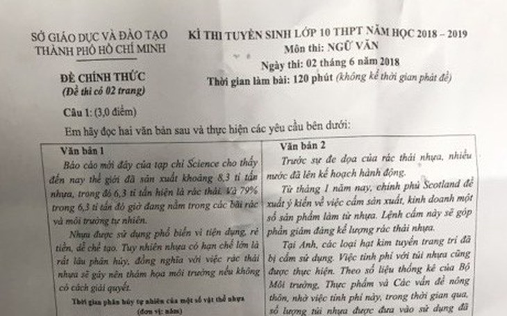 Rác thải nhựa vào đề thi lớp 10 môn văn tại TP.HCM