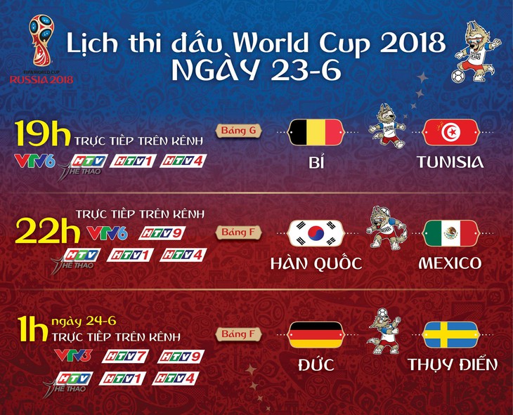 Lịch thi đấu World Cup 2018 ngày thứ bảy 23-6 - Ảnh 1. Lịch thi đấu World Cup 2018 ngày thứ bảy 23-6 - Ảnh 1.