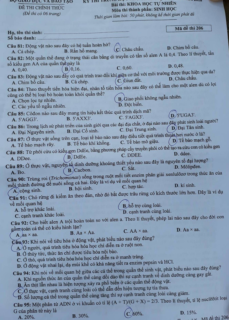 Đề môn sinh thi THPT quốc gia 2018: dài, nhiều câu tính toán - Ảnh 1.