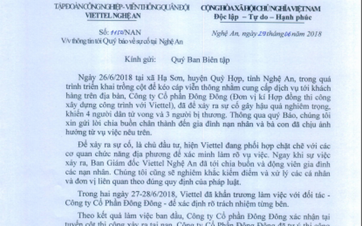 Viettel lên tiếng về vụ điện giật chết 4 người