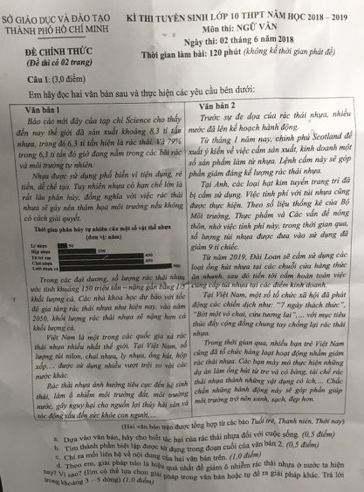 Rác thải nhựa vào đề thi lớp 10 môn văn tại TP.HCM - Ảnh 1.