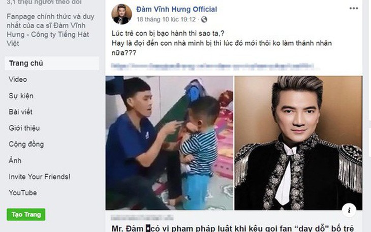 Tài khoản Đàm Vĩnh Hưng kích động trên Facebook: dùng "luật rừng" đáng lên án