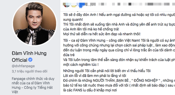 Tài khoản Đàm Vĩnh Hưng đăng lời xin lỗi: Tôi sẵn sàng nhận khiển trách - Ảnh 1.