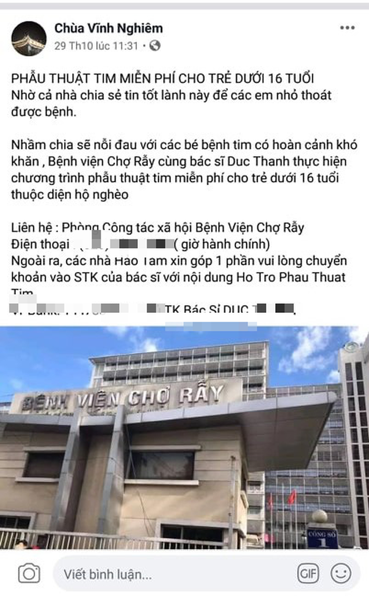 Mạo danh chùa Vĩnh Nghiêm quyên góp tiền mổ tim cho trẻ dưới 16 tuổi - Ảnh 2.