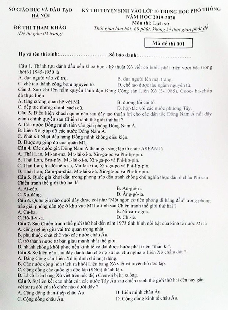 Hà Nội công bố đề thi minh họa môn Lịch sử, thi vào lớp 10 - Ảnh 2.