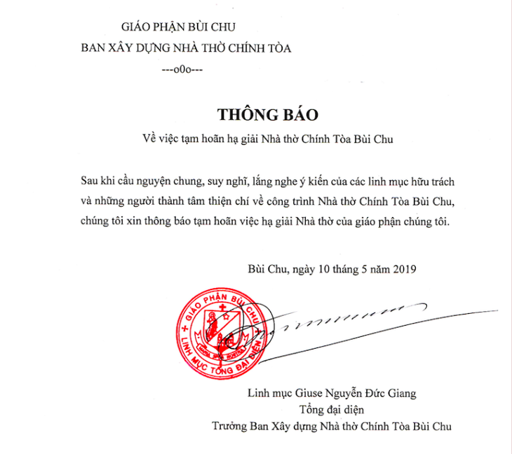 Giáo phận Bùi Chu thông báo hoãn hạ giải nhà thờ Bùi Chu - Ảnh 1.