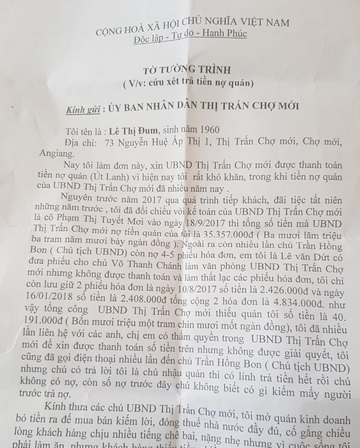 Chủ quán nhậu gửi đơn đòi tiền nợ tiếp khách của lãnh đạo thị trấn - Ảnh 1.