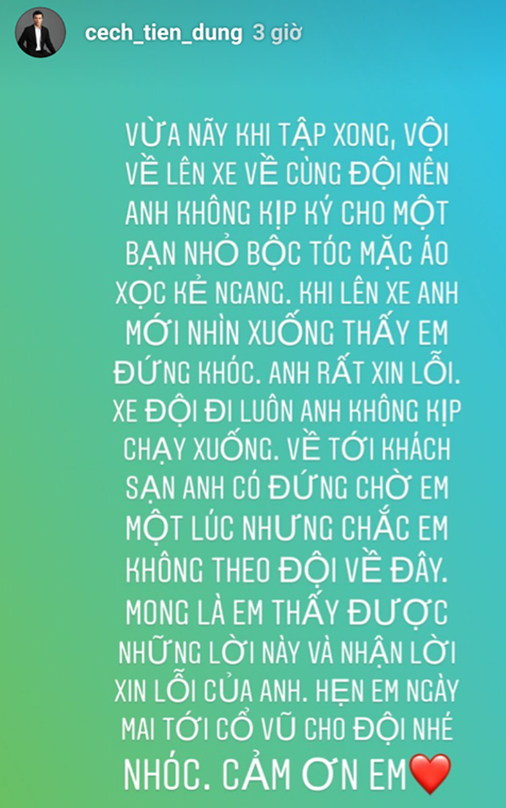 Khiến fan nhí khóc ở Phú Thọ, Bùi Tiến Dũng đăng story xin lỗi - Ảnh 1. Khiến fan nhí khóc ở Phú Thọ, Bùi Tiến Dũng đăng story xin lỗi - Ảnh 1.