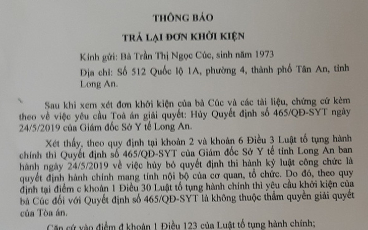 Tòa trả đơn kiện hủy bỏ quyết định kỷ luật vì "quyết định mang tính nội bộ"