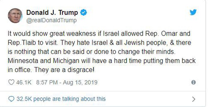 Ông Trump gây áp lực, Israel từ chối hai nghị sĩ Mỹ nhập cảnh - Ảnh 2.