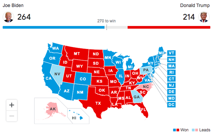 Ông Biden vượt lên dẫn trước ở hai bang chiến địa Georgia, Pennsylvania