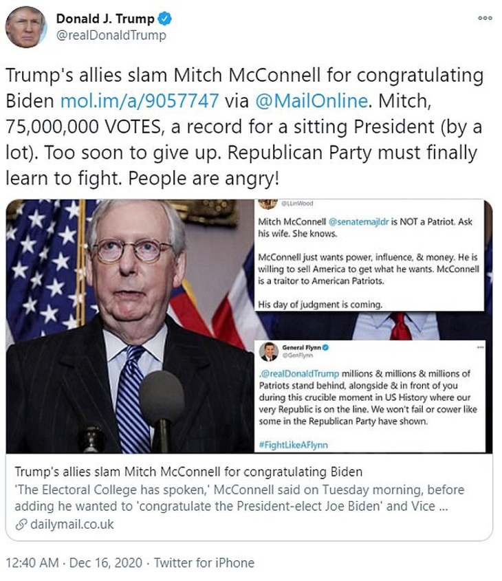 Ông Trump nói gì khi lãnh đạo Đảng Cộng hòa McConnell chúc mừng ông Biden? - Ảnh 1.