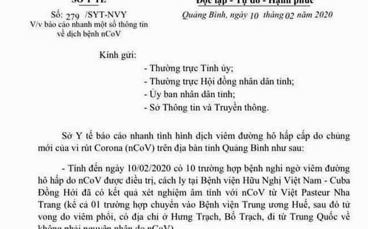 Người tử vong ở Quảng Bình là do viêm phổi, không phải vì virus corona