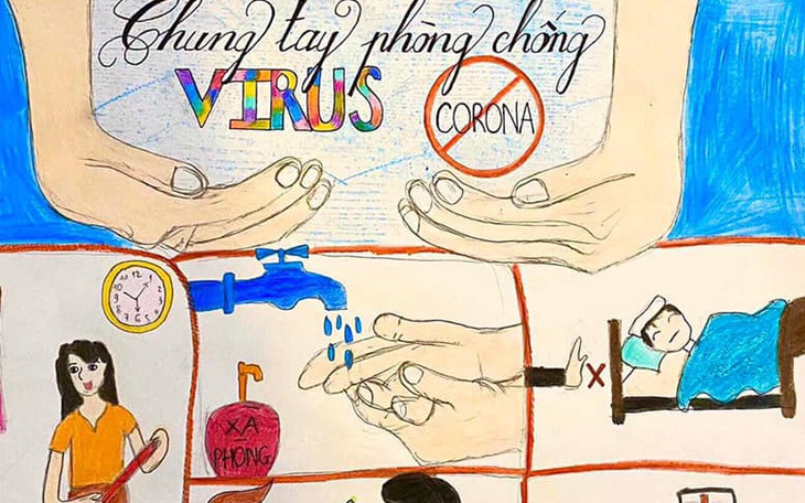 Học sinh vẽ tranh về phòng dịch virus corona, 