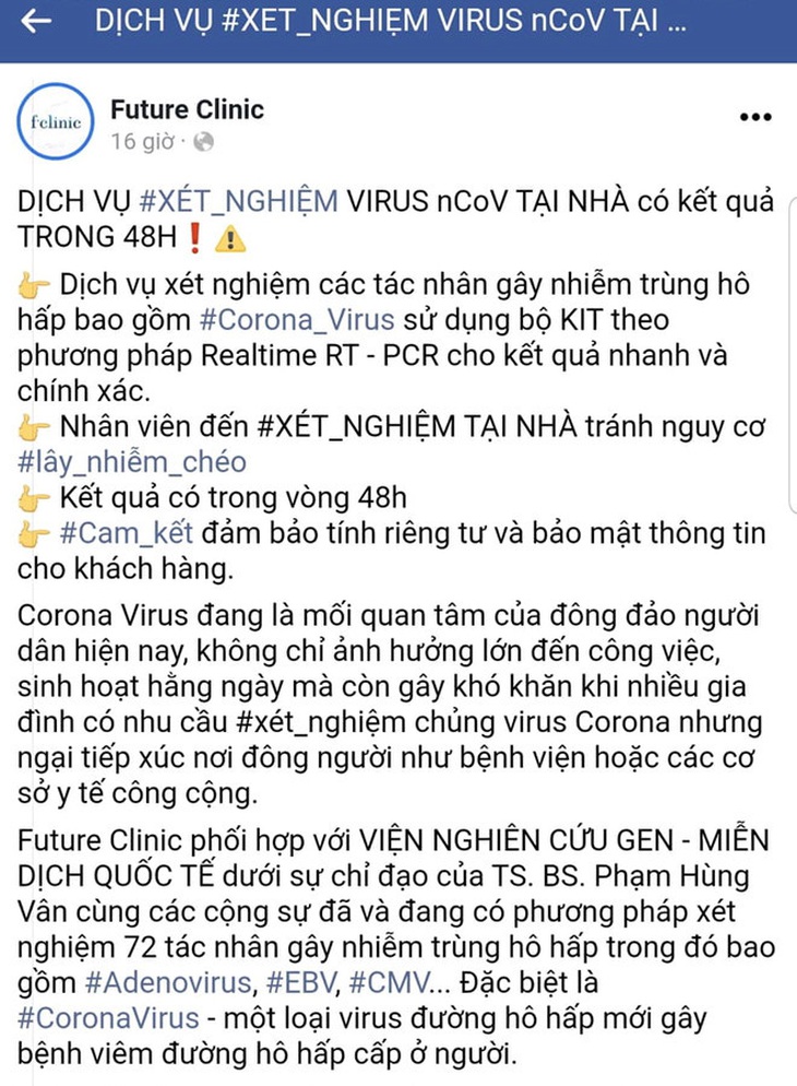 Buộc phòng khám ngưng ngay quảng cáo dịch vụ xét nghiệm virus corona tại nhà - Ảnh 1.