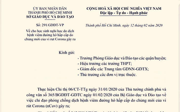 Văn bản TP.HCM cho học sinh nghỉ học tiếp đến hết ngày 21-2 thật hay giả?