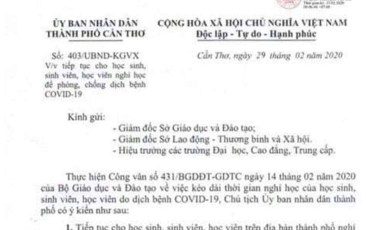 Văn bản cho học sinh, sinh viên Cần Thơ nghỉ hết tháng 3 là giả mạo