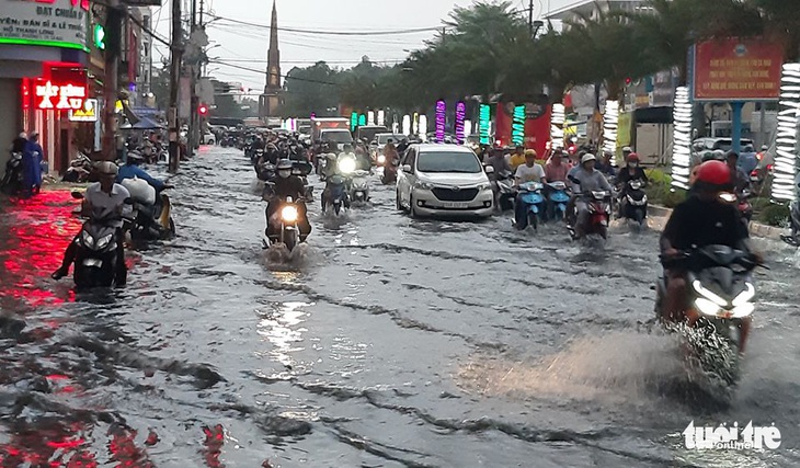 Cà Mau mưa vàng, ngập nửa bánh xe ngay giữa mùa khô - Ảnh 1.