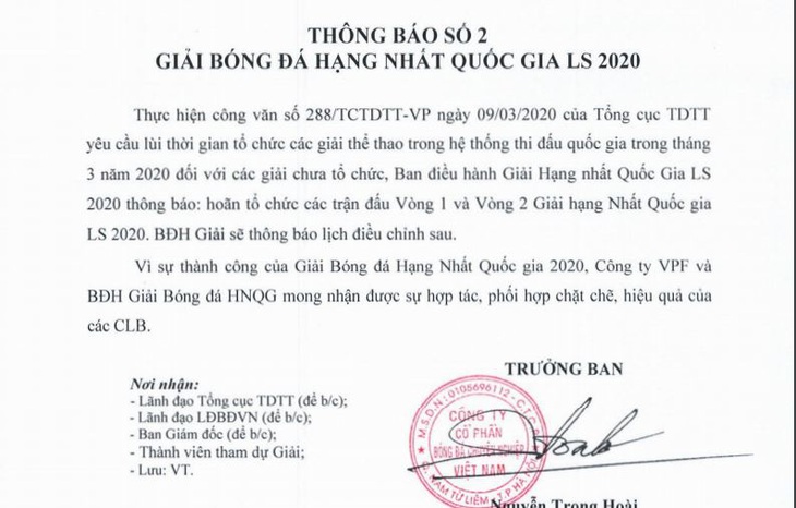 Tạm hoãn Giải bóng đá hạng nhất 2020 - Ảnh 1.