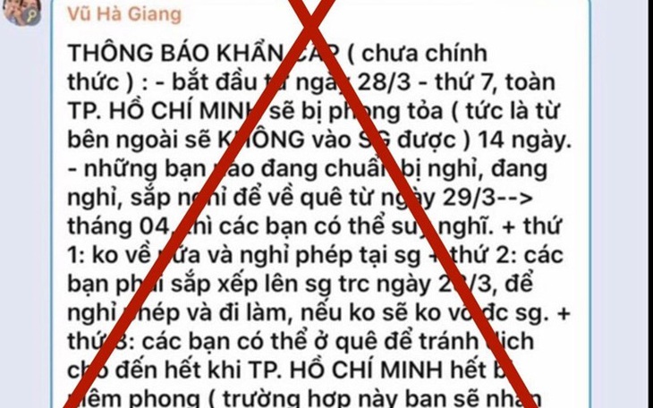 Thông tin TP.HCM sẽ phong tỏa 14 ngày kể từ 28-3 là hoàn toàn bịa đặt