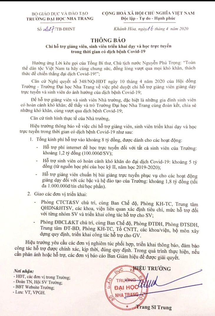 ĐH Nha Trang hỗ trợ hàng tỉ đồng cho sinh viên gặp khó khăn vì COVID-19 - Ảnh 2.