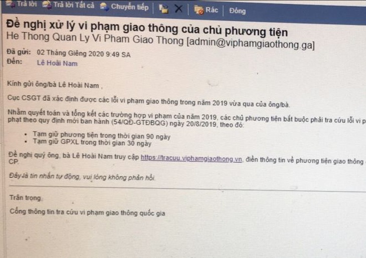 Nhận email từ Cục CSGT báo lỗi vi phạm giao thông? Chắc chắn bẫy lừa! - Ảnh 1.