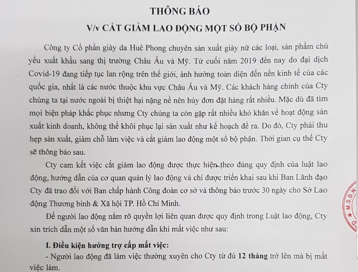 Huê Phong gửi thông báo đến công nhân quanh việc giảm 2.000 người - Ảnh 1.