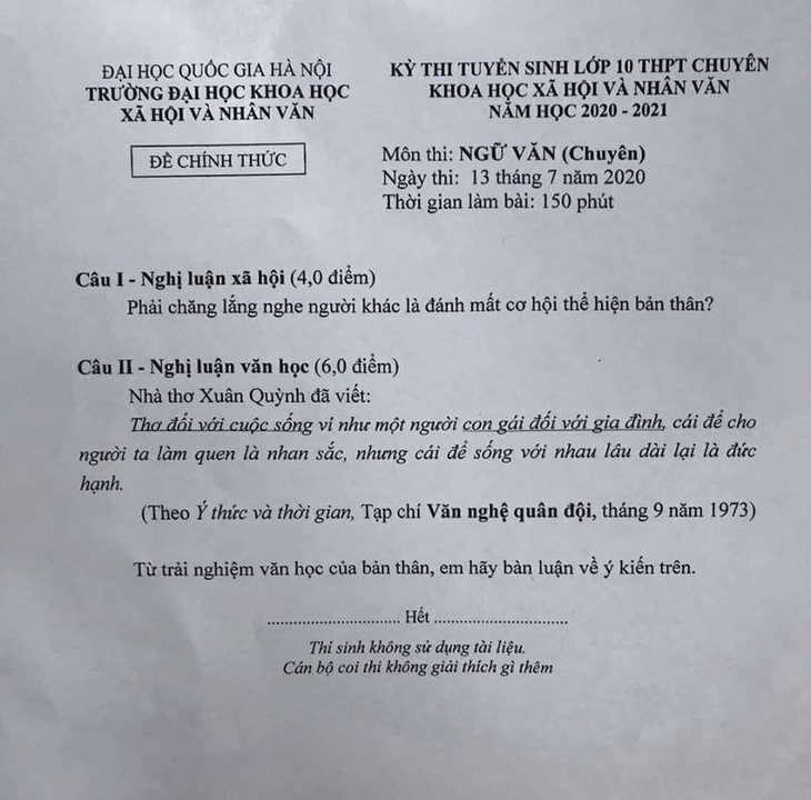 Đề thi chuyên văn lớp 10 bàn về đức hạnh và nhan sắc của phụ nữ gây tranh cãi - Ảnh 1.