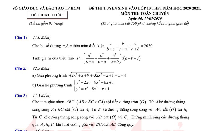 Đề và bài giải gợi ý môn toán lớp 10 chuyên ở TP.HCM