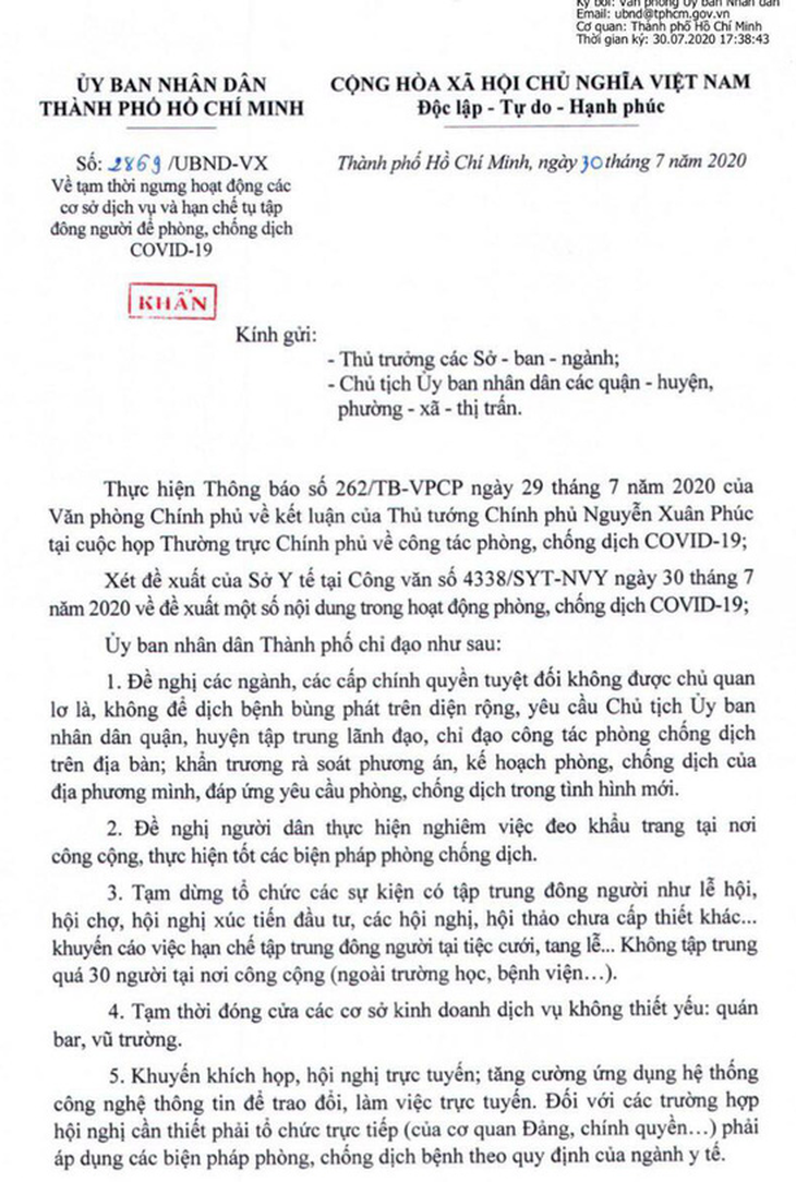 TP.HCM gửi công văn khẩn: Từ 0h sáng 31-7, cấm tụ tập quá 30 người, đóng cửa bar, vũ trường... - Ảnh 1.