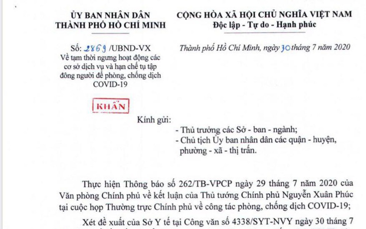 TP.HCM gửi công văn khẩn: Từ 0h đêm nay 31-7, cấm tụ tập 30 người, đóng cửa bar, vũ trường...