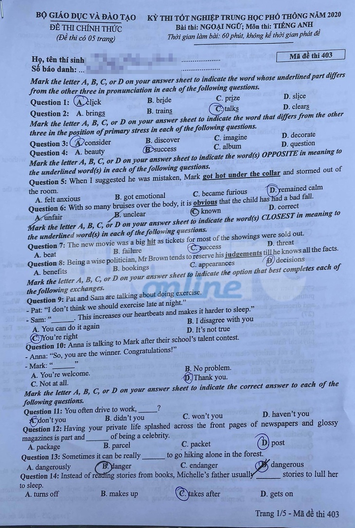 Đề và bài giải tiếng Anh kỳ thi tốt nghiệp THPT 2020 - đủ 24 mã đề - Ảnh 1.