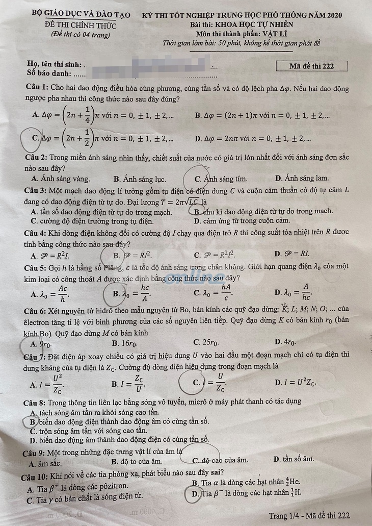 Đề và bài giải môn vật lý kỳ thi tốt nghiệp THPT 2020 - Ảnh 1.