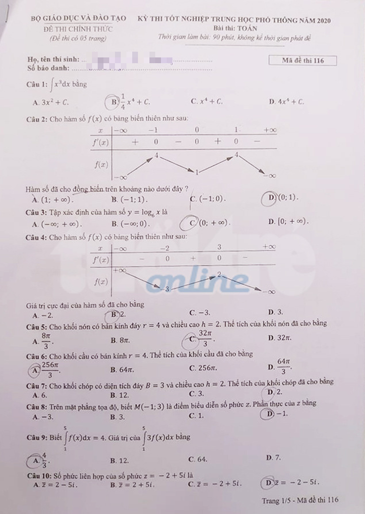 Gợi ý bài giải môn toán thi tốt nghiệp THPT 2020 - đủ 24 mã đề - Ảnh 1.