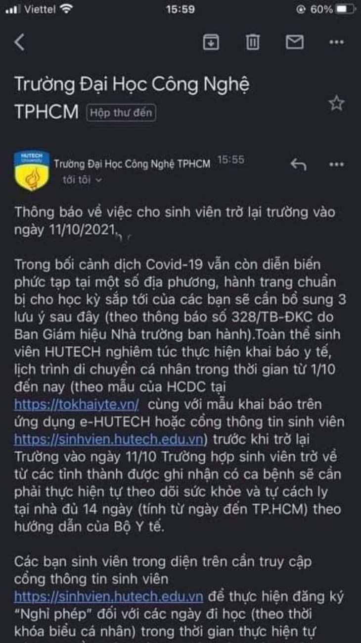 Sinh viên HUTECH trở lại trường ngày 11-10 là tin giả - Ảnh 1.