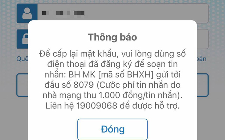 Lấy mật khẩu vào ứng dụng bảo hiểm xã hội phải trả phí tin nhắn 1.000 đồng