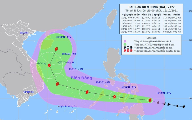 Bão Rai tăng lên cấp 14, giật cấp 17, vào Biển Đông chiều tối mai