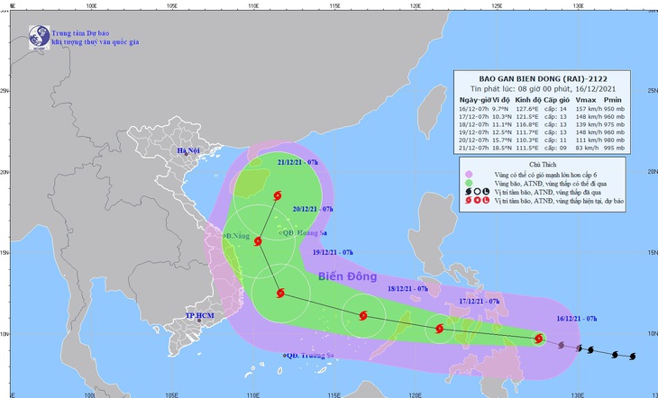 Bão Rai tăng lên cấp 14, giật cấp 17, vào Biển Đông chiều tối mai - Ảnh 1.