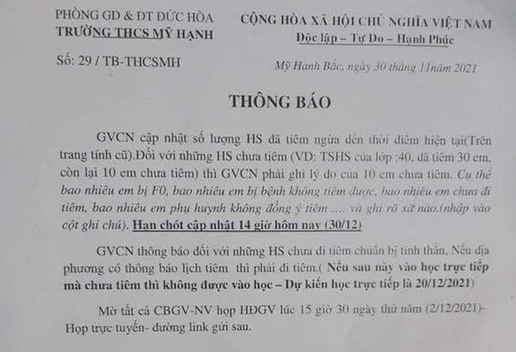 Thu hồi thông báo của trường học thông tin chưa tiêm vắc xin thì không được đến trường - Ảnh 1.