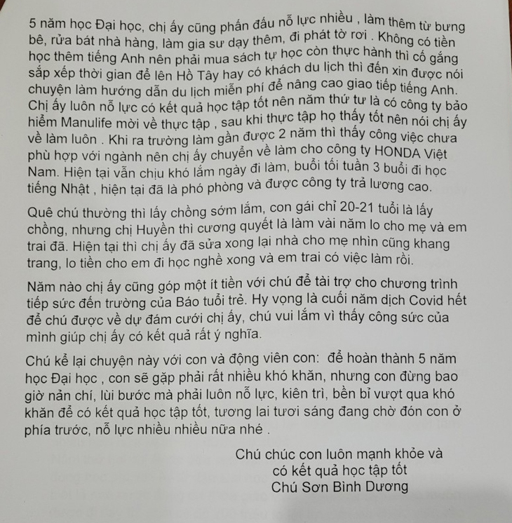 Bức thư rưng rưng gửi tân sinh viên mồ côi của một nhà hảo tâm - Ảnh 3.