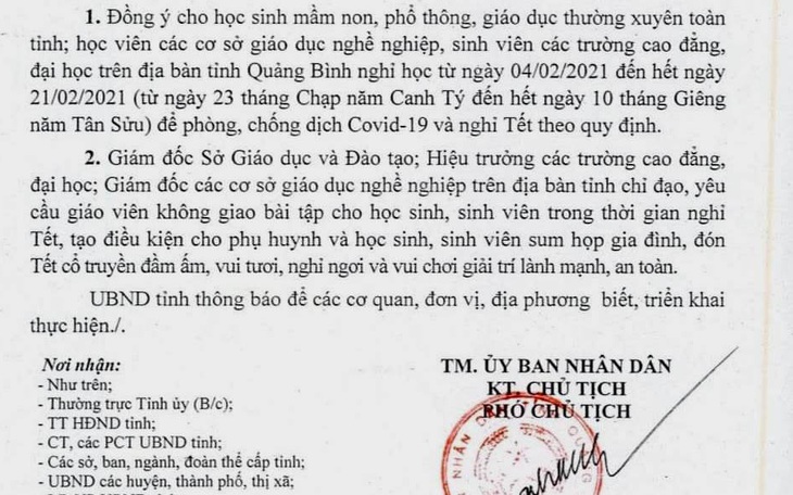 Quảng Bình cho học sinh nghỉ Tết sớm, không giao bài tập về nhà