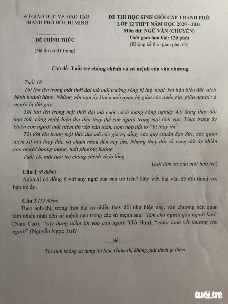 Đề thi học sinh giỏi văn TP.HCM bàn về Tuổi trẻ chông chênh - Ảnh 2.