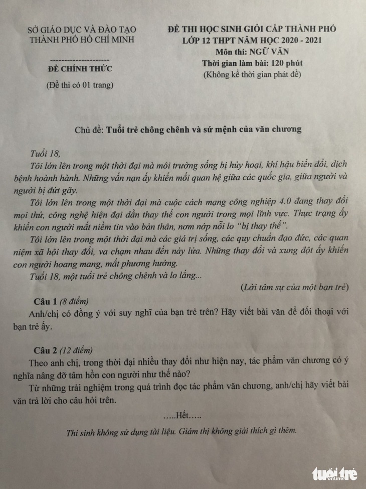 Đề thi học sinh giỏi văn TP.HCM bàn về Tuổi trẻ chông chênh - Ảnh 1.