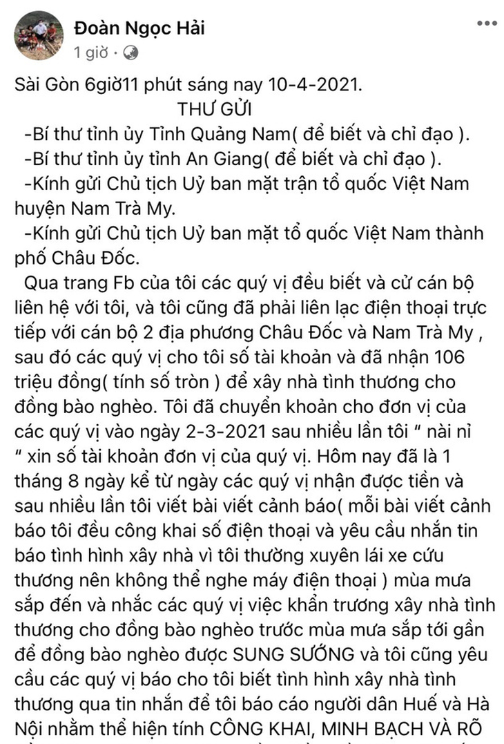 Ông Đoàn Ngọc Hải đòi lại tiền xây nhà cho người nghèo, Quảng Nam và An Giang nói gì? - Ảnh 1.