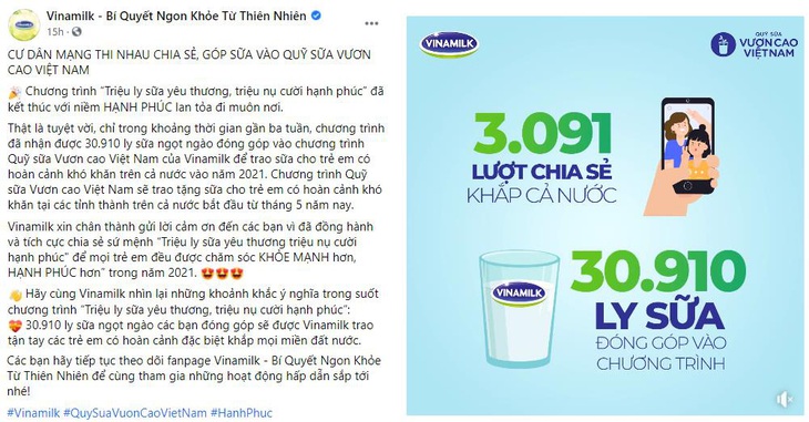 Chiến dịch online của Vinamilk góp thêm 31.000 ly sữa tặng trẻ em khó khăn - Ảnh 1.