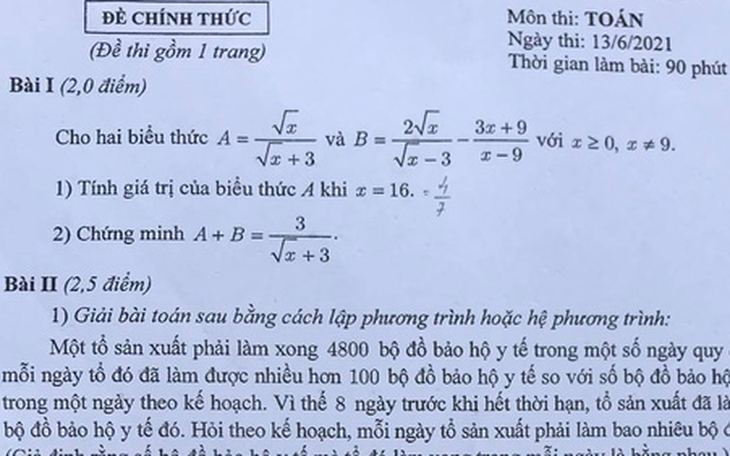 Đề toán thi vào lớp 10 Hà Nội