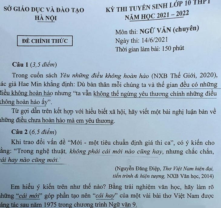 Đề thi văn vào trường chuyên Hà Nội về ‘sự yêu thương điều không hoàn hảo’ - Ảnh 1.