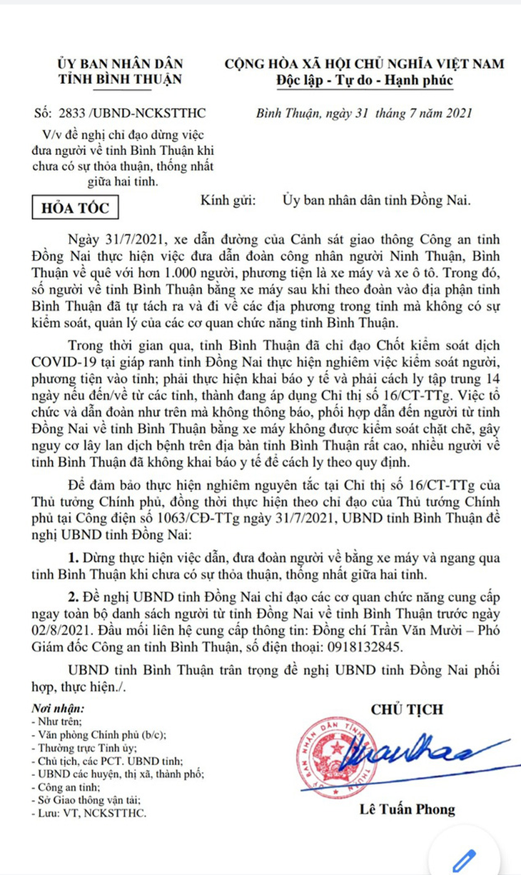 Bình Thuận đề nghị Đồng Nai dừng đưa cả ngàn người ngang qua tỉnh thiếu sự thỏa thuận - Ảnh 1.