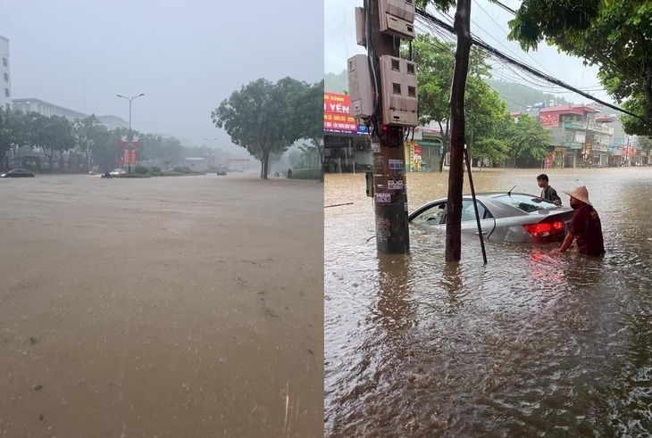 TP Lào Cai mưa lớn, nhiều ôtô chìm trong nước - Ảnh 4.