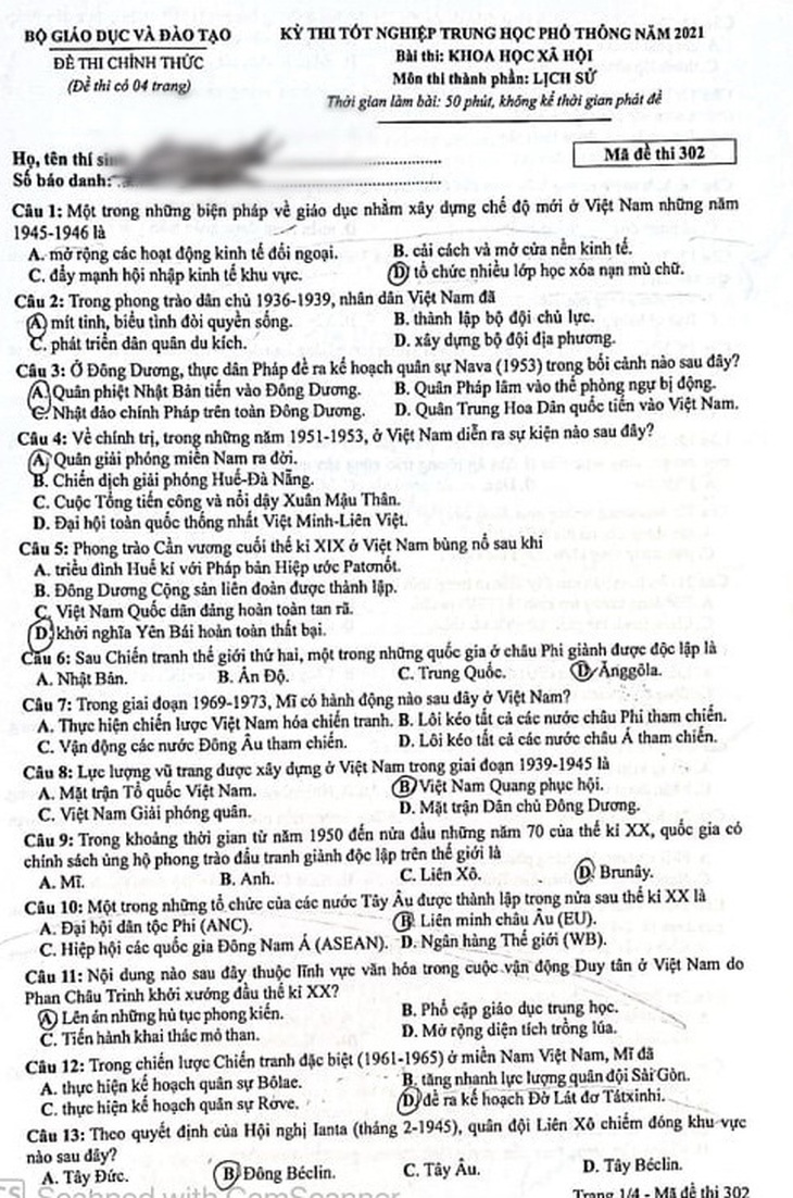 Bài giải gợi ý môn lịch sử kỳ thi tốt nghiệp THPT 2021 - Ảnh 2.